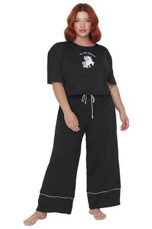 Kadin Ayicik Baskılı Wide Leg Pijama Takımı Fonksiyonel Dayanıklı Kaliteli Konforlu Modern