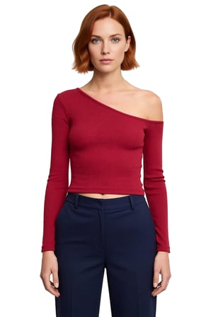 Kadın Asimetrik Yaka Düşük Kol Fitted Örme Bluz Uzun Kollu Crop Kesim Cool Comfort Tarzı İlkbahar