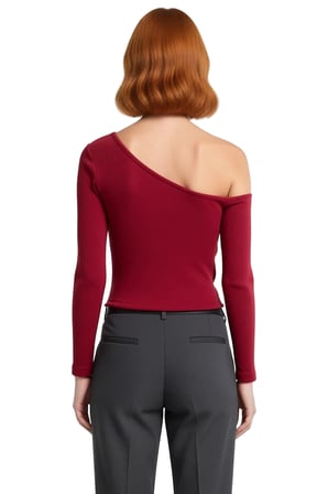 Kadın Asimetrik Yaka Düşük Kol Fitted Örme Bluz Uzun Kollu Crop Kesim Cool Comfort Tarzı İlkbahar