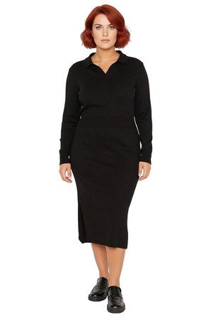 Kadın Polo Yaka Fitilli Bodycon Triko Midi Elbise Uzun Kollu Kış Günlük Şık Akrilik Tasarım