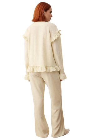Kadın Fırfırlı Crinkle Dokuma Pijama Takımı Fonksiyonel Dayanıklı Kaliteli Konforlu Modern