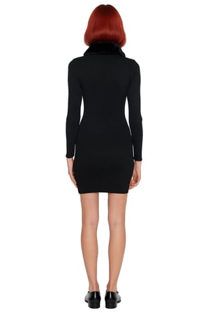 Siyah Kadın Bodycon Triko Mini Elbise Fermuarlı Polo Yaka Uzun Standart Kollu Suni Kürk Detaylı