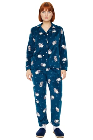 Kadın Petrol Penguen Desenli Polar Pijama Takımı Fonksiyonel Dayanıklı Kaliteli Konforlu Şık