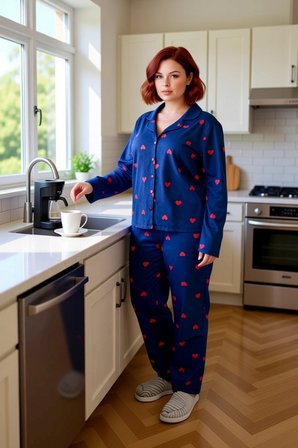 Kadin Kirmizi Kalp Desenli Gömlek Yaka Pijama Takımı Fonksiyonel Dayanıklı Kaliteli Modern