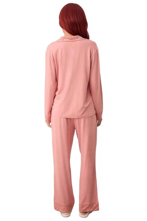 Kadın Gül Kurusu Dantel Detaylı Gömlek Pantolon Pijama Takımı Fonksiyonel Dayanıklı Modern