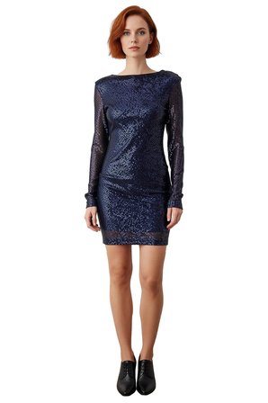 Kadın Lacivert Bodycon Kalıp Sırt Dekolteli Uzun Kollu Payetli Mini Abiye Elbisesi Özel Davetler