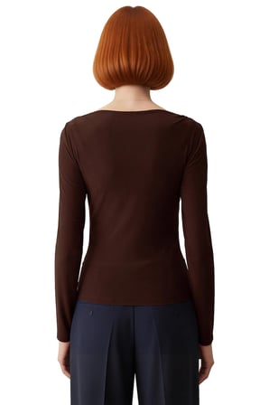Kadın Bordo Kayık Yaka Drapeli Fitted Esnek Örme Uzun Kollu Bluz Smart Casual Günlük ve Gece