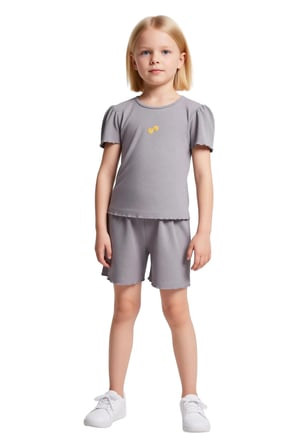 Kız Çocuk Pamuklu Minimal Nakışlı Bisiklet Yaka Kısa Kollu T Shirt ve Şort Takımı Kaliteli