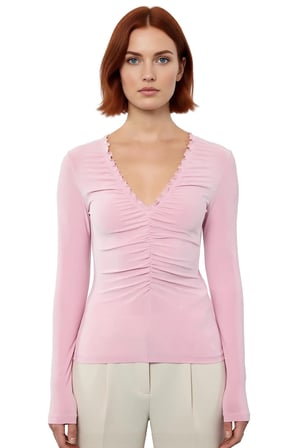 Kadın Pembe V Yaka Büzgülü Drape Detaylı Esnek Örme Bluz Günlük Kullanım İçin Şık Ve Feminine