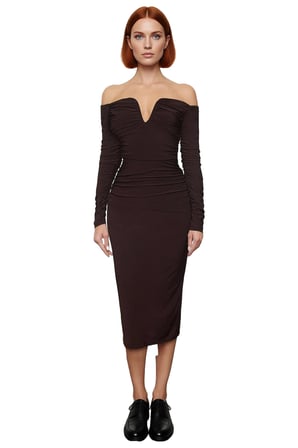 Kadın Bodycon Carmen Yaka Örme Uzun Kollu Büzgü Detaylı Şık Gece Elbisesi Sandy Dokuma Kaliteli