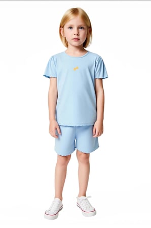 Kız Çocuk Pamuklu Minimal Nakışlı Bisiklet Yaka Kısa Kollu T Shirt ve Şort Takımı Kaliteli