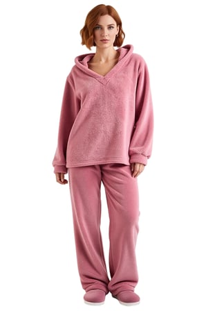 Kadın Peluş Kulaklı Kapüşonlu Pijama Takımı Fonksiyonel Dayanıklı Kaliteli Konforlu Modern