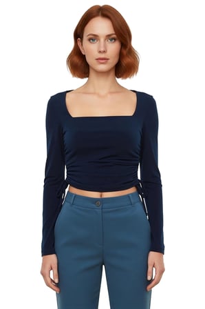 Kadın Fitted Kare Yaka Büzgülü Uzun Kollu Crop Örme Kaliteli Şık Rahat Modern Zarif Günlük