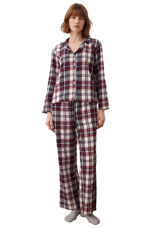 Kadın Ekose Flanel Pijama Takımı Gömlek Yaka Uzun Kollu Fonksiyonel Dayanıklı Kaliteli Şık
