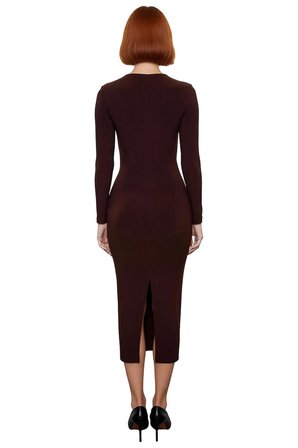 Kadınlar İçin Bodycon Kesim Uzun Kollu Midi Boy Choker Yaka Şık Gece Elbisesi Zarif Detaylarla