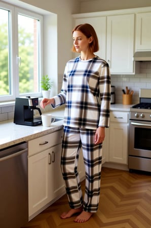 Kadın Ekose Pijama Takımı Bisiklet Yaka Uzun Kollu Fonksiyonel Dayanıklı Kaliteli Konforlu