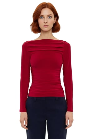 Kadın Bordo Kayık Yaka Drapeli Fitted Esnek Örme Uzun Kollu Bluz Smart Casual Günlük ve Gece