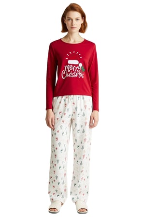 Kadin Kirmizi Yılbaşı Temali Pamuklu Pijama Takımı Fonksiyonel Dayanıklı Kaliteli Konforlu