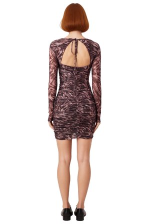 Kadın Bodycon Mini Elbise Uzun Kollu Kalp Yaka Animal Desenli Tül Örme Astarlı Kokteyl Şıklığı