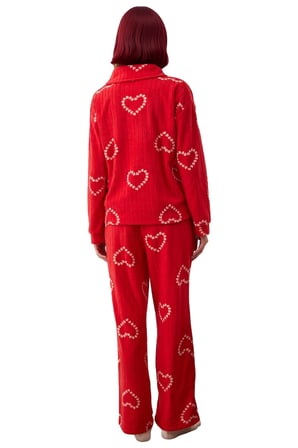 Kadin Kirmizi Kalp Desenli Polar Pijama Takımı Fonksiyonel Dayanıklı Kaliteli Konforlu Şık
