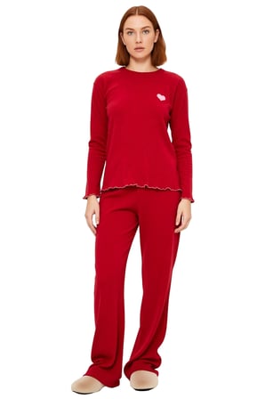 Kadın Nakışlı Bisiklet Yaka Uzun Kollu Pijama Takımı Fonksiyonel Dayanıklı Kaliteli Modern
