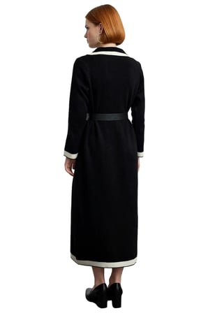 Kadın Ekru Kemerli Ceket Yaka Düz Uzun Kollu Triko Maxi Elbise Akrilik Kış Koleksiyonu Şıklığı