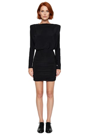 Kadınlar İçin Vatkalı Drapeli Bodycon Kışlık Mini Elbise Smart Şık Kayık Yaka Uzun Kollu Örme