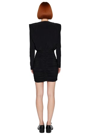 Kadınlar İçin Vatkalı Drapeli Bodycon Kışlık Mini Elbise Smart Şık Kayık Yaka Uzun Kollu Örme