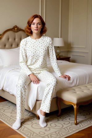 Çiçekli Bisiklet Yaka Uzun Kollu Pijama Takımı Kadın Fonksiyonel Dayanıklı Kaliteli Modern