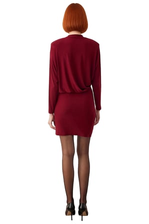 Kadın Bordo Bodycon Yarasa Kol Dik Yaka Düz Örme Kısa Elbise Şık Davetler Kış Kombinleri İçin