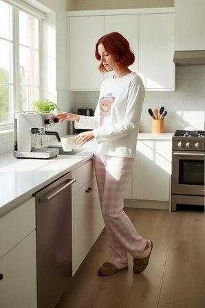 Kadın Ayıcıklı Baskılı Ekose Pijama Takımı Fonksiyonel Dayanıklı Kaliteli Konforlu Estetik