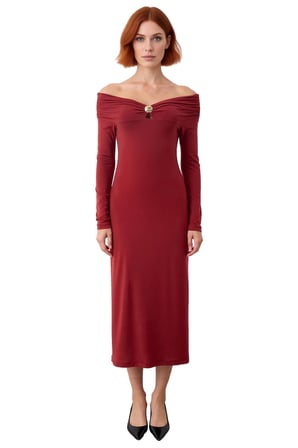 Kadın Kiremit Rengi Aksesuar Detaylı Bodycon Maxi Elbise Carmen Yaka Uzun Düşük Kol Kışlık