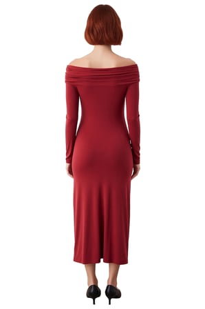 Kadın Kiremit Rengi Aksesuar Detaylı Bodycon Maxi Elbise Carmen Yaka Uzun Düşük Kol Kışlık