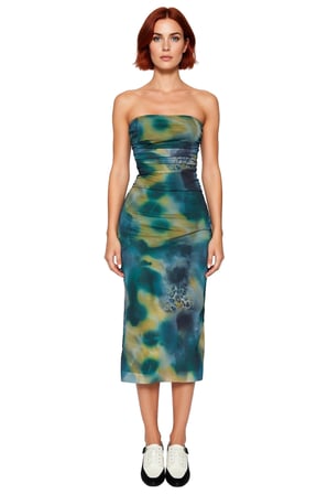 Kadın Bodycon Straplez Kolsuz Midi Elbise Soyut Desen Tül Kumaş Abiye Şık Gece Davetleri Kaliteli