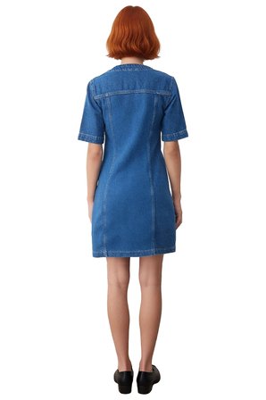 Kadın A Line Denim Mini Elbise Kuşgözü Bağlama Detaylı Kısa Kol %100 Pamuk Günlük Şıklık Kaliteli