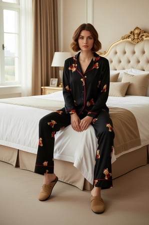 Kadın Ayıcıklı Pijama Takımı Gömlek Yaka Uzun Kollu Fonksiyonel Dayanıklı Kaliteli Estetik