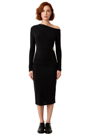 Kadın Asimetrik Yaka Siyah Bodycon Midi Elbise Aksesuar Detaylı Şık ve Modern Kokteyl Görünüm