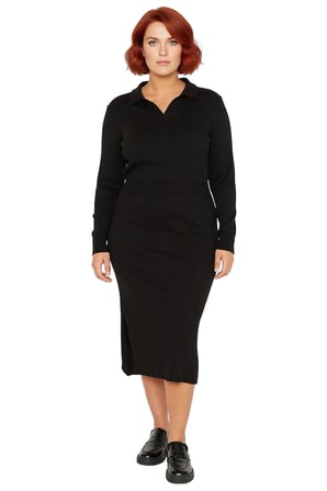 Kadın Polo Yaka Fitilli Bodycon Triko Midi Elbise Uzun Kollu Kış Günlük Şık Akrilik Tasarım