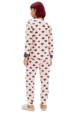 Kadin Kirmizi Kalp Desenli Polar Pijama Takımı Ve Uyku Bandi Fonksiyonel Dayanıklı Estetik