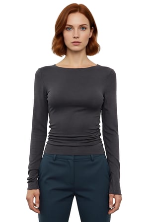 Kadın Fitted Viskon Ribana Kayık Yaka Düşük Kol Büzgü Detaylı Uzun Kollu Örme Bluz Günlük Giyim İçin