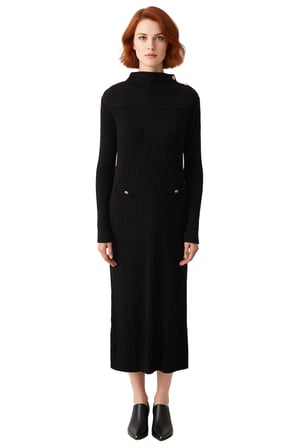 Kadın Dik Yaka Uzun Kollu Maxi Boy Ribana Triko Elbise Şık Düğme Detayları İle Kışlık Günlük Şıklık