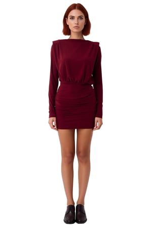 Kadınlar İçin Vatkalı Drapeli Bodycon Kışlık Mini Elbise Smart Şık Kayık Yaka Uzun Kollu Örme
