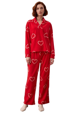 Kadin Kirmizi Kalp Desenli Polar Pijama Takımı Fonksiyonel Dayanıklı Kaliteli Konforlu Şık
