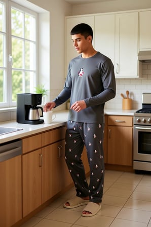 Erkek Penguen Nakışlı Bisiklet Yaka Uzun Kollu Pijama Takımı Fonksiyonel Dayanıklı Estetik
