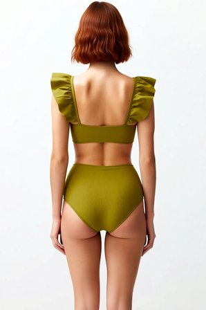 Kadın Bikini Takımı Dokulu Örme Fırfırlı Bralette Balensiz Yüksek Bel Hipster Kolsuz Kapalı Arka