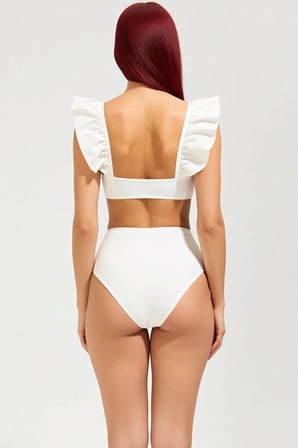 Kadın Bikini Takımı Dokulu Örme Fırfırlı Bralette Balensiz Yüksek Bel Hipster Kolsuz Kapalı Arka