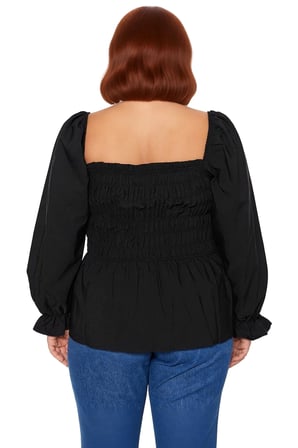 Kadın Lacivert Kare Yaka Büzgülü Kol Gipeli Dokuma Bluz A line Siluet Crop Boy Feminine Tarz