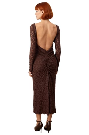 Kadın Feminine Bodycon Kayık Yaka Maxi Uzun Kol Astarlı Dantel Örme Şık Gece Elbisesi Kaliteli
