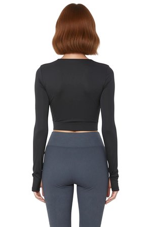 Kadın Fitted Crop Kesim Spor Üst Bluz Bisiklet Yaka Uzun Kollu Dalgıç Kumaş Cool & Comfort Stili