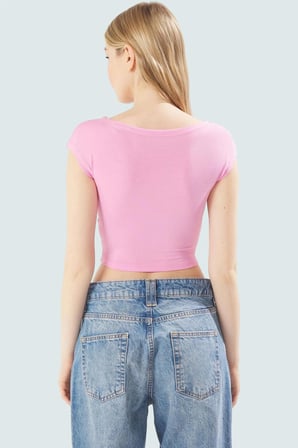 Bisiklet Yaka Fitted Crop Örme Bluz Viskon Ribana Yazlık Profesyonel Görünüm Özel Tasarım